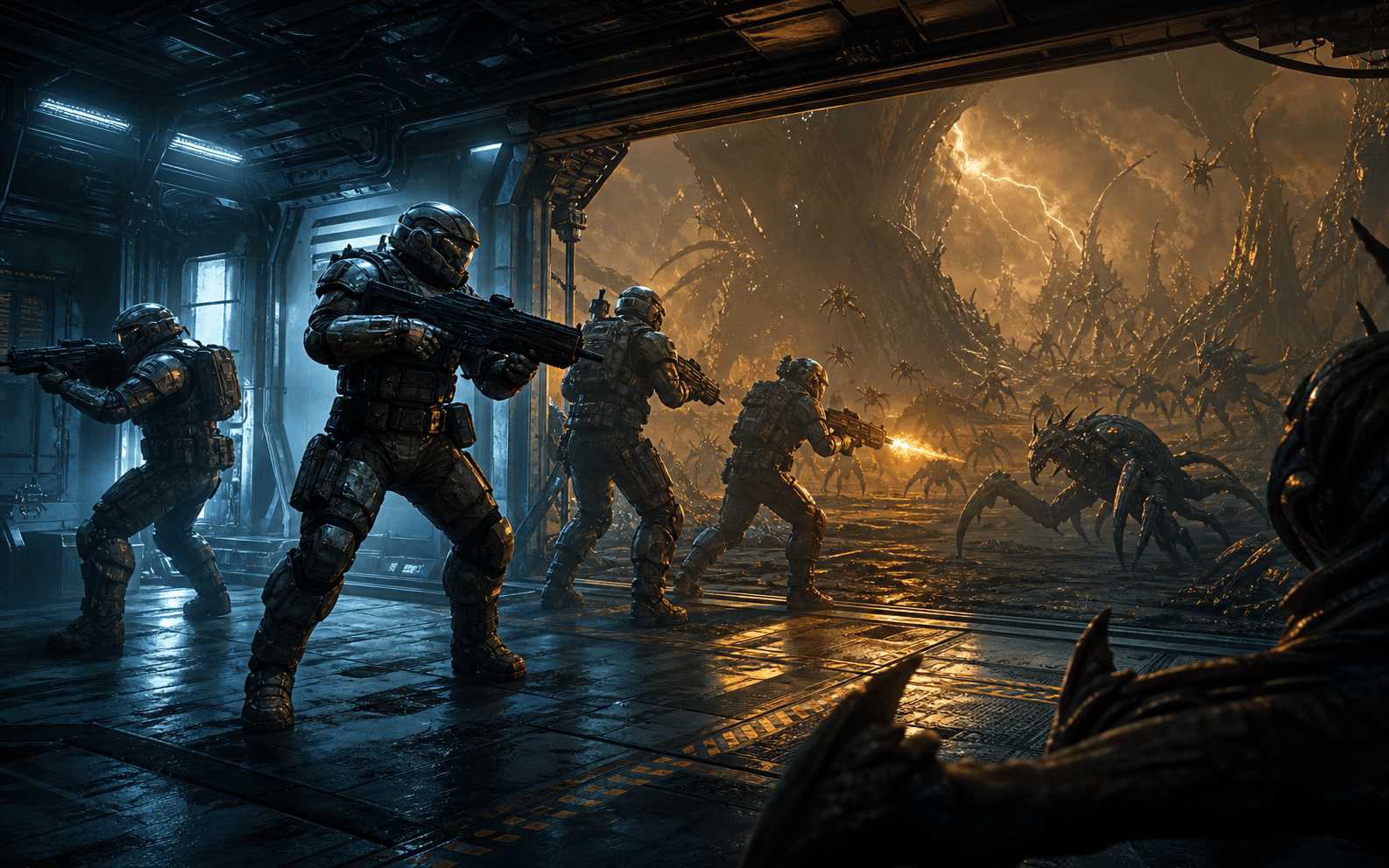 Armored marines defending a colony corridor from an alien swarm
