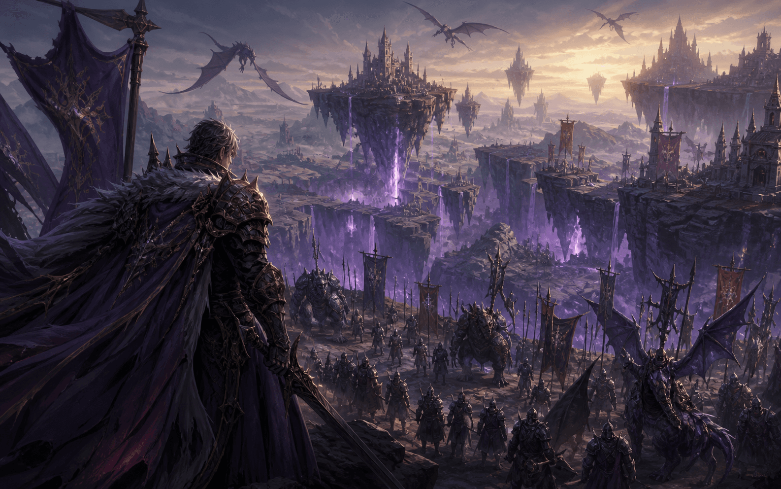 Fantasy commander overlooking armies and floating fortresses above an abyss