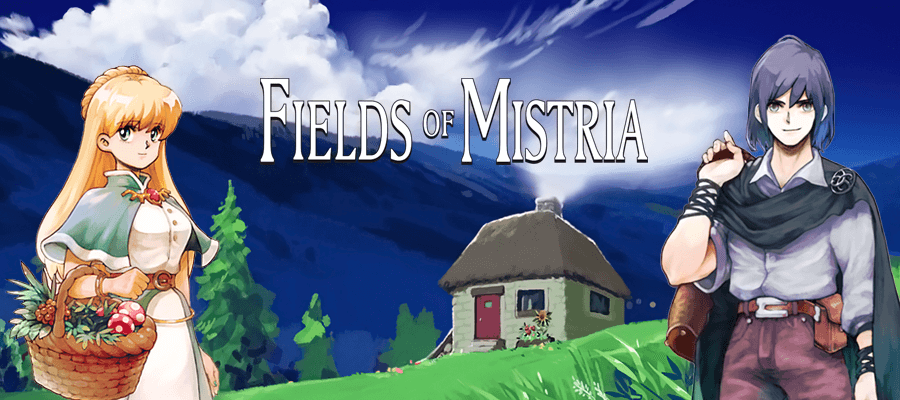 Official Fields of Mistria pixel-art scene with villagers gathered in town