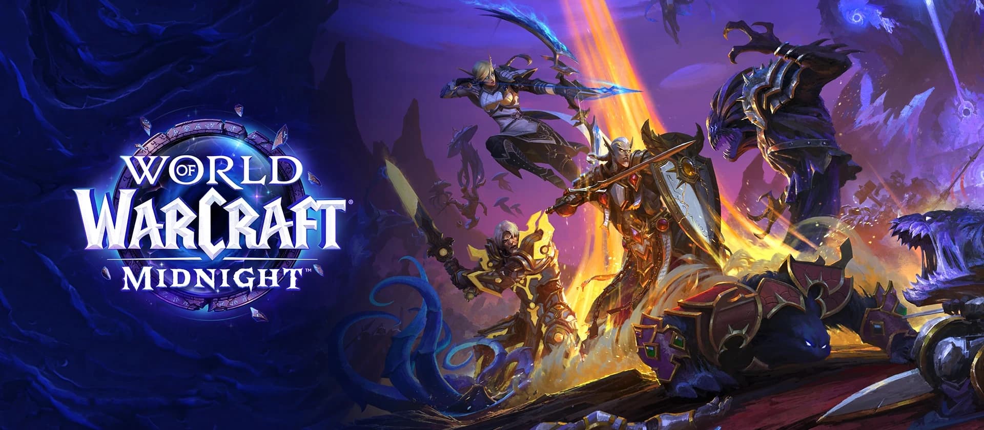World of Warcraft Midnight heroes battling Void creatures in official Blizzard artwork