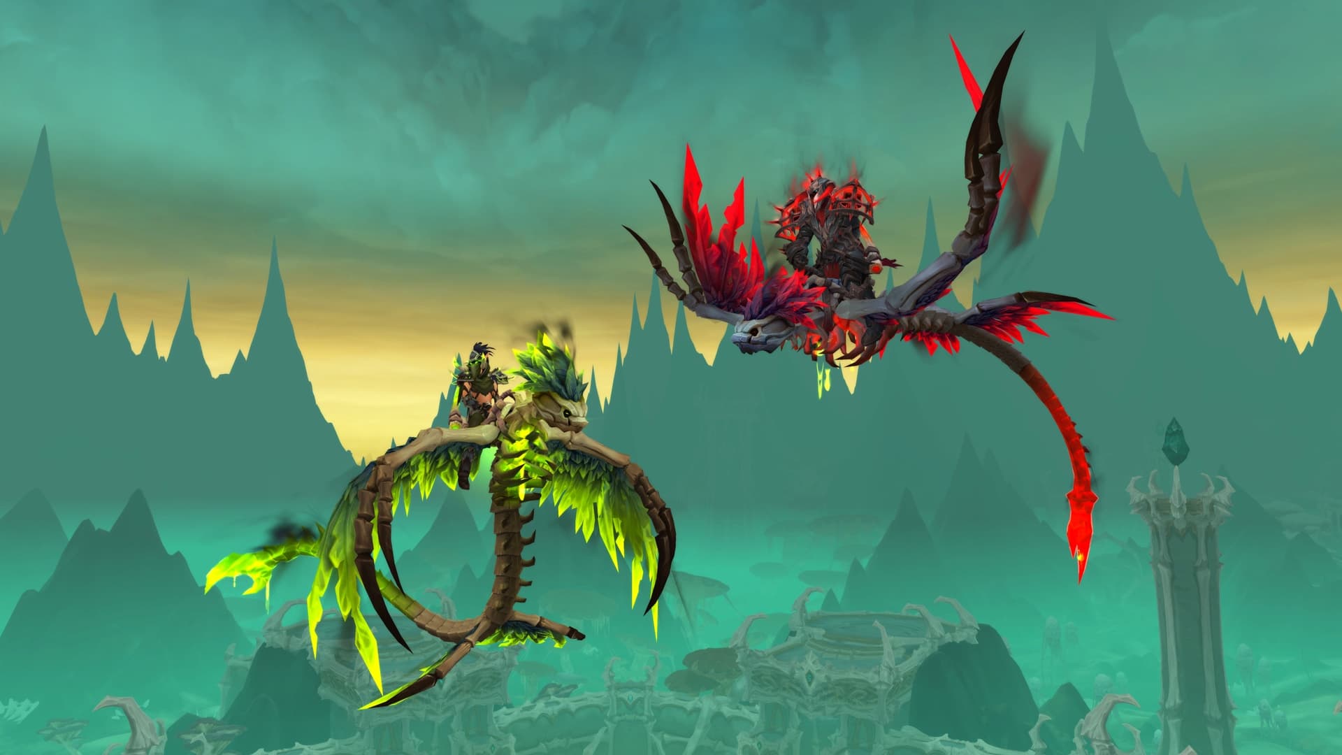 Two armored riders fly skeletal drakes above a green Midnight landscape
