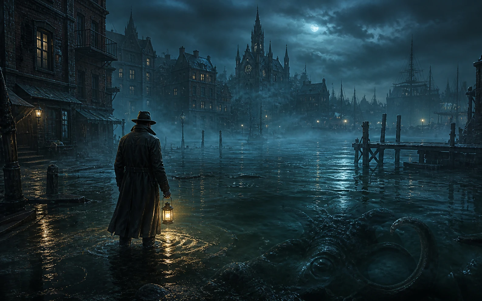 A lone investigator facing a flooded gothic harbor under moonlight