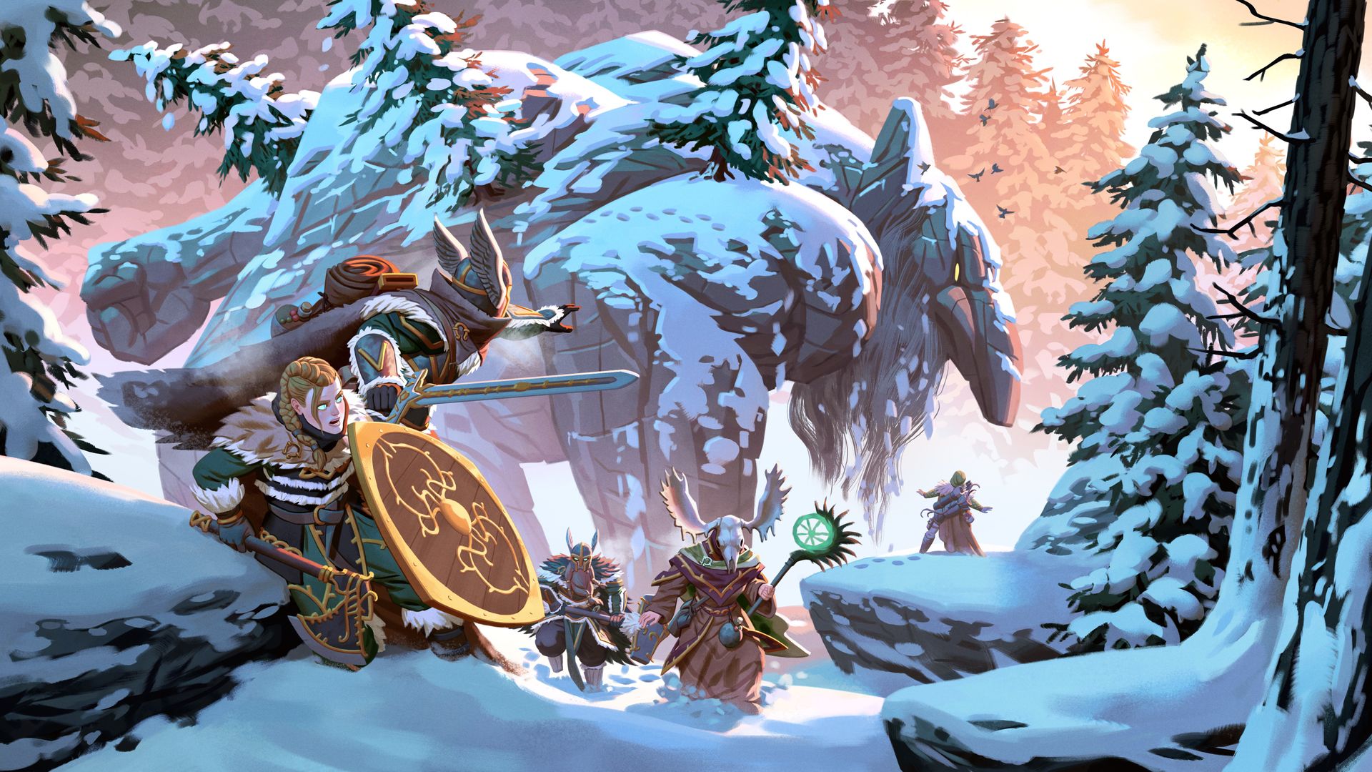 Valheim Deep North launch artwork with Vikings facing a giant in a snowy forest